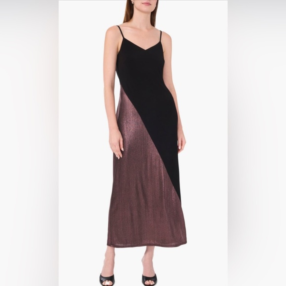 Halogen Black & Gilded Mauve Metallic Colorblock Maxi Slip Dress